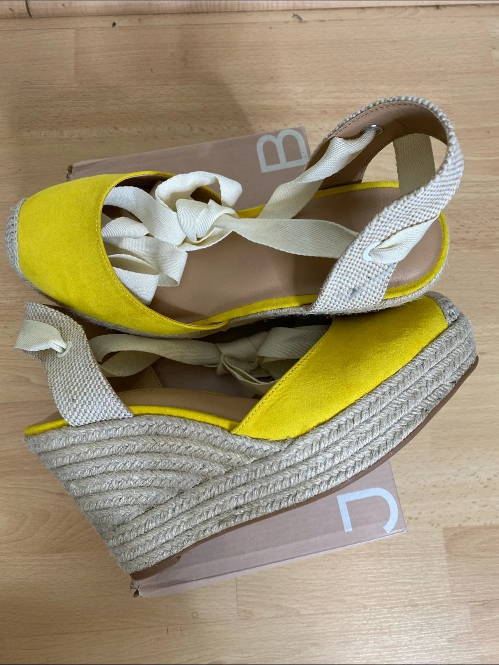 Lane Bryant Yellow Suede Espadrille Wedge Sandals with Cream Wraps